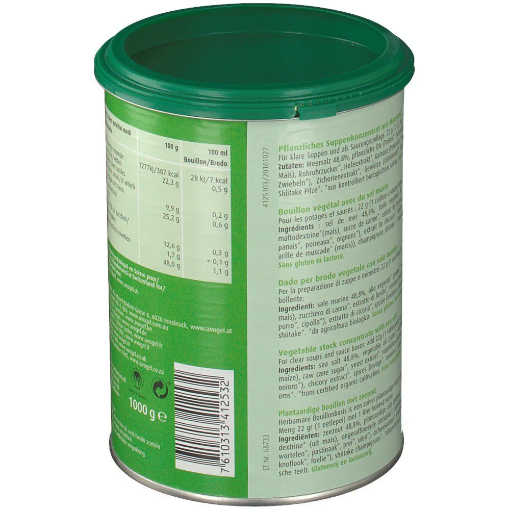 Achterkant van de Herbamare Bouillon-verpakking. Bevat voedingsinformatie en ingrediëntenlijst. 1000g.