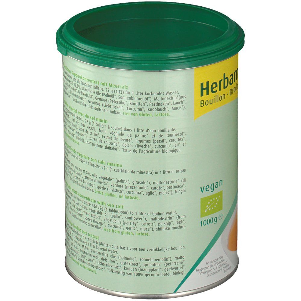 Achterkant van de Herbamare Bouillon-verpakking. Bevat voedingsinformatie en ingrediëntenlijst. 1000g.