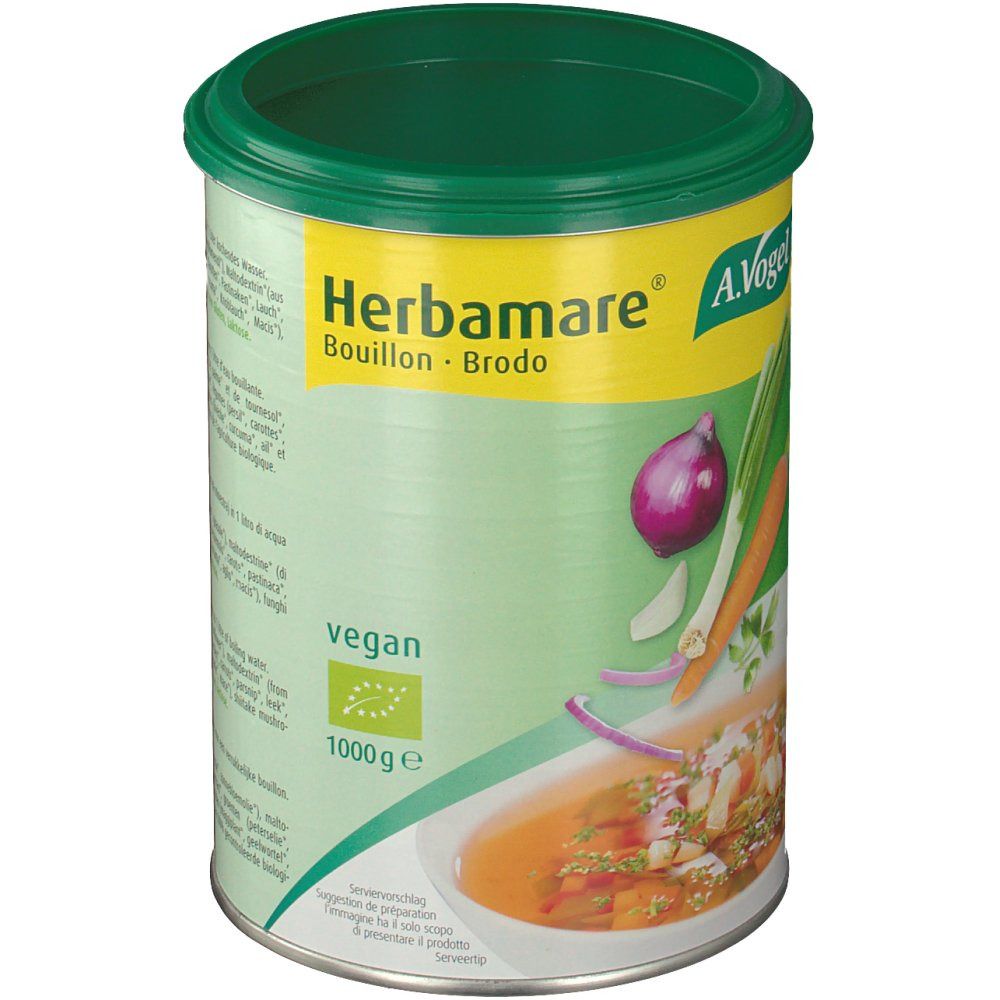 Blik Herbamare Bouillon. Groen-witte verpakking met groente-illustratie. Vegan, 1000g.