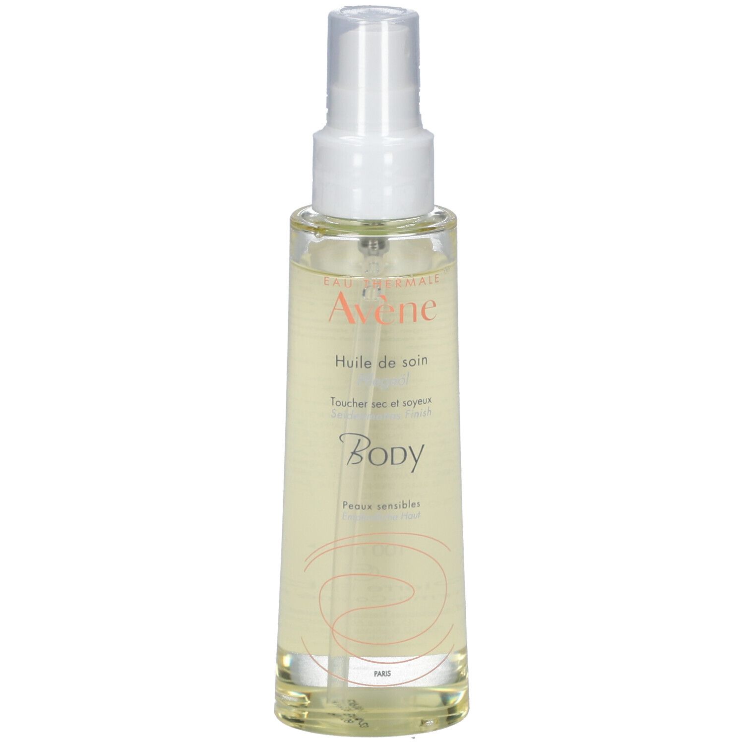 Flacon spray d'huile pour le corps. Inscription : Eau Thermale Avène, Body. Pour peaux sensibles.