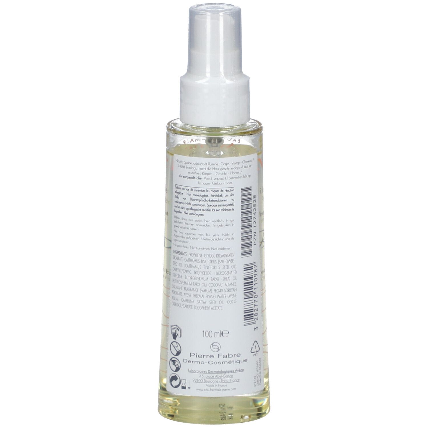 Dos du flacon spray d'huile pour le corps. Inscription : Eau Thermale Avène, ingrédients, 100 ml.