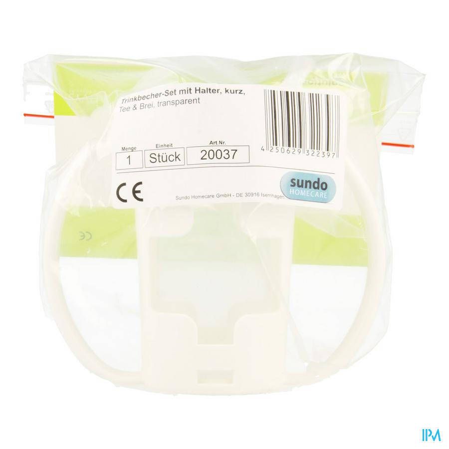 Beker set met houder, transparant verpakt. Bevat een bekerhouder, een beker en twee schenktuiten.