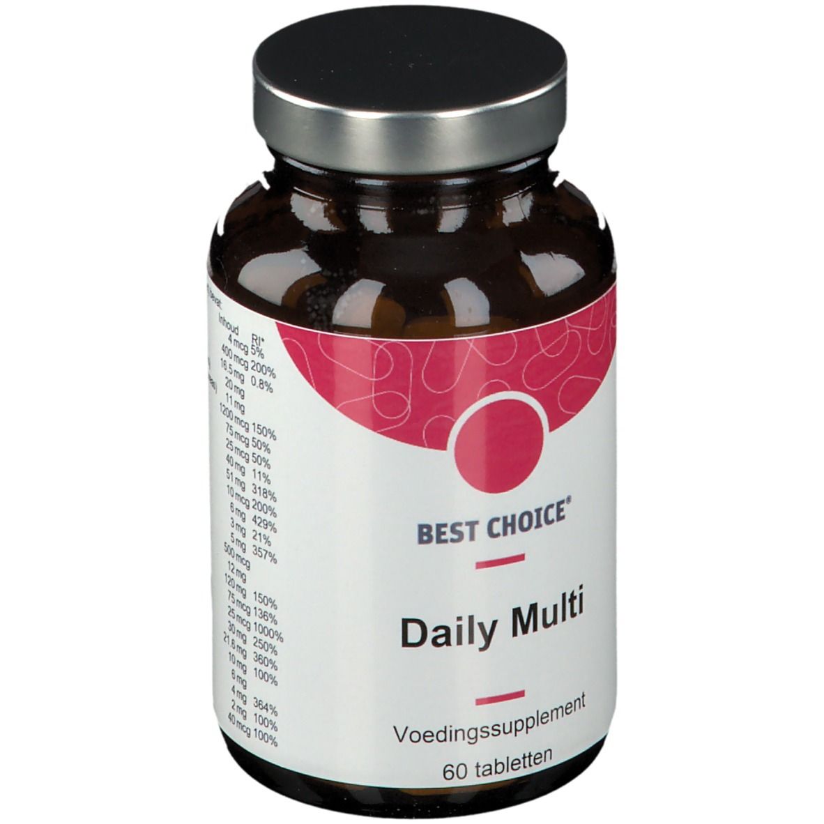 Bruine tablettenfles met zilveren dop. Etiket met "Best Choice Daily Multi" en ingrediëntenlijst.