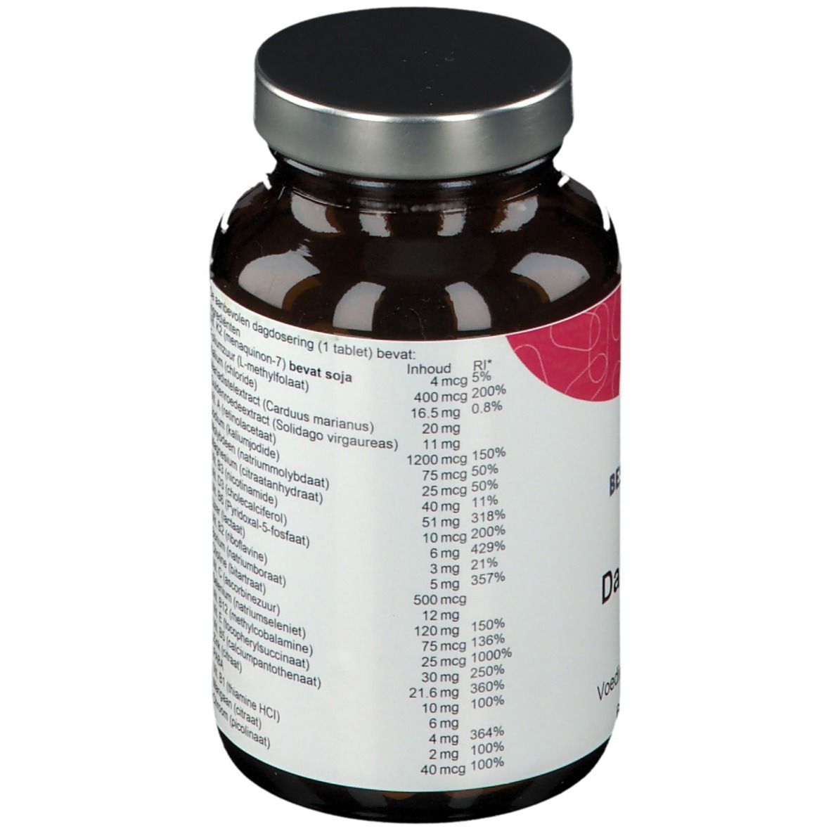 Achteraanzicht van de tablettenfles. Etiket met ingrediënten en voedingswaarde.