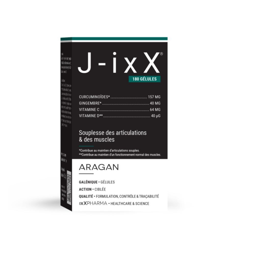 Emballage du produit : boîte. Inscription : J-ixX, 180 gélules. Contient curcuminoïdes, gingembre, vitamine C, vitamine D.