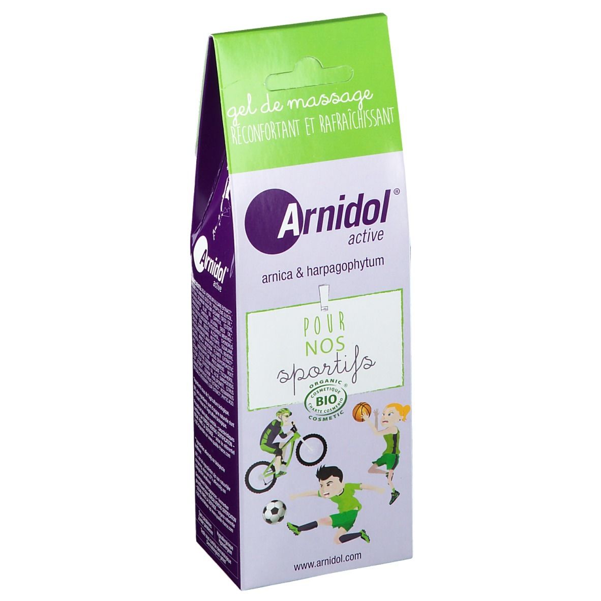 Emballage de gel de massage Arnidol® active. Haut vert-blanc, face avant violet-blanc avec logo et illustrations d'athlètes.