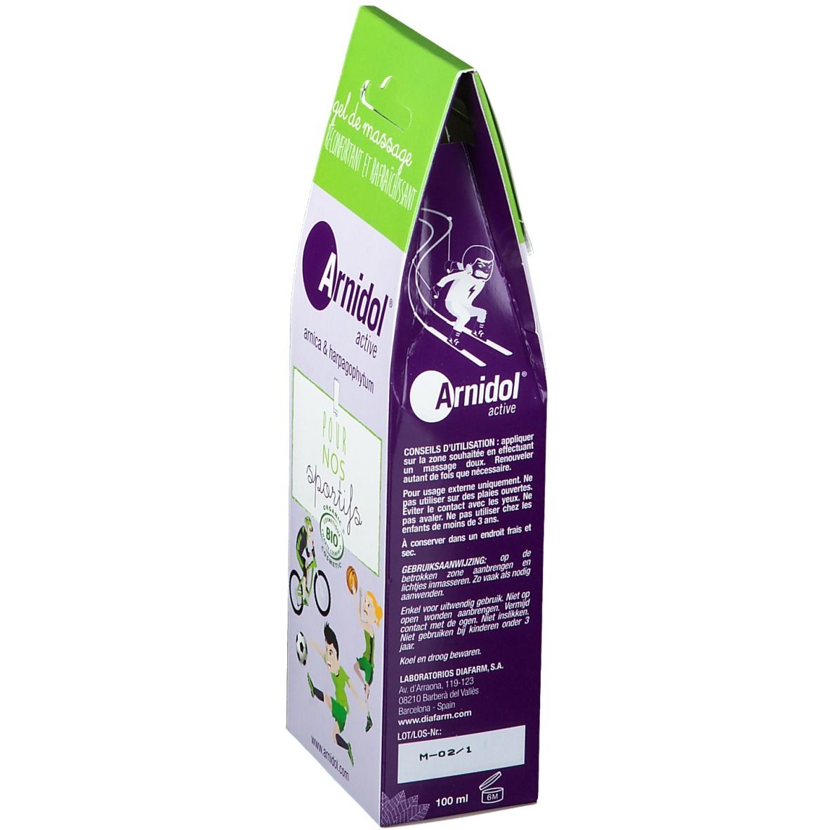 Dos de l'emballage du gel de massage Arnidol® active. Texte en plusieurs langues, logo et illustrations.