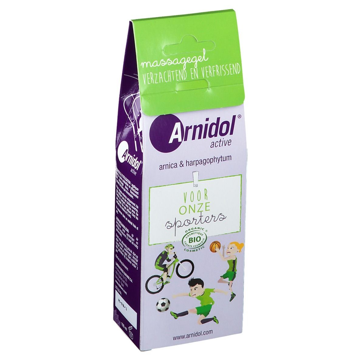 Emballage de gel de massage Arnidol® active. Haut vert-blanc, face avant violet-blanc avec logo et illustrations d'athlètes.