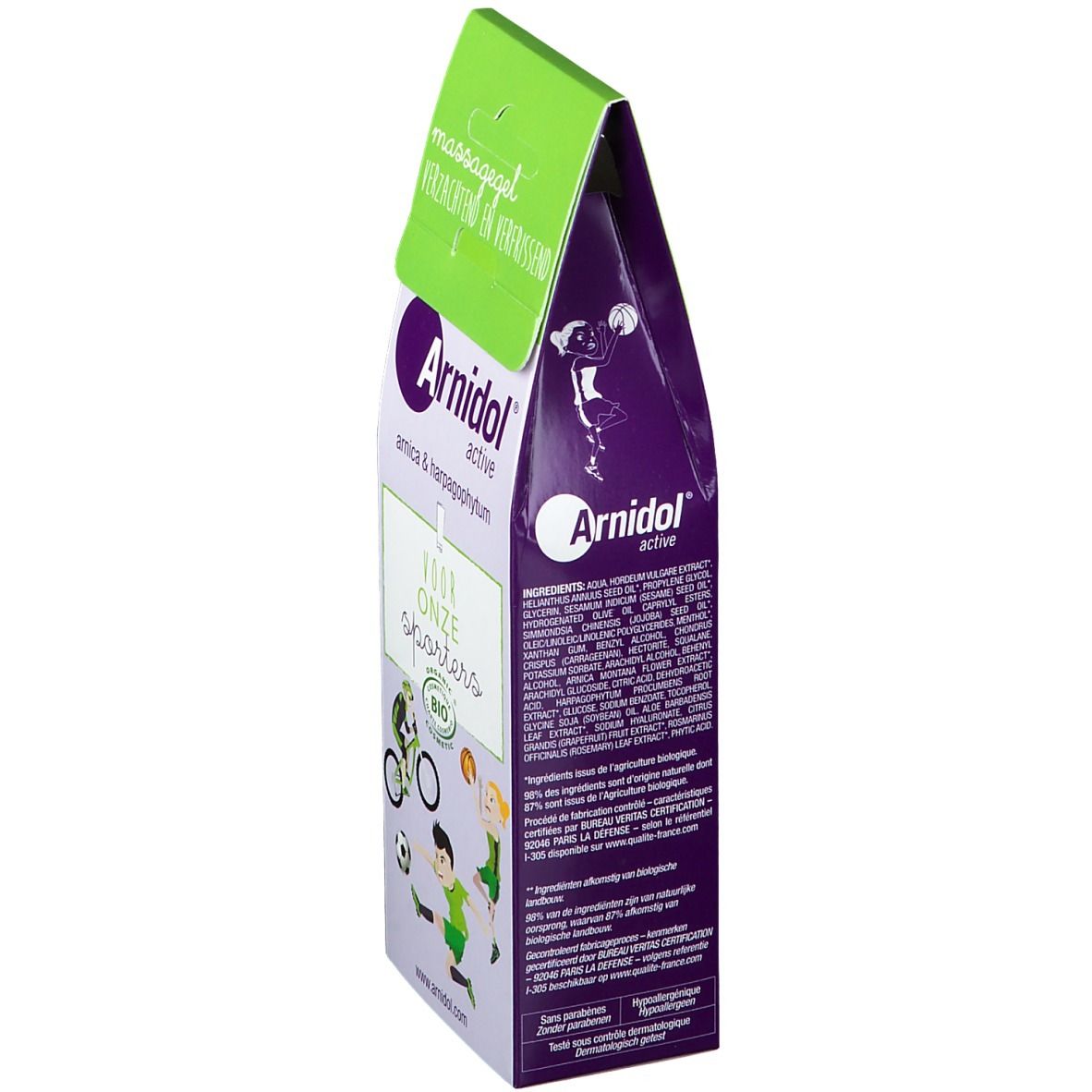 Dos de l'emballage du gel de massage Arnidol® active. Texte en plusieurs langues, logo et illustrations.