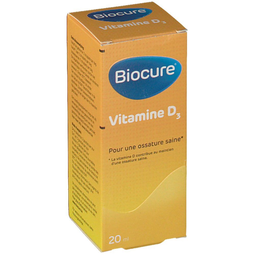 Boîte jaune Biocure Vitamine D3. Logo bleu. Texte: Pour une ossature saine. En bas: 20 ml.