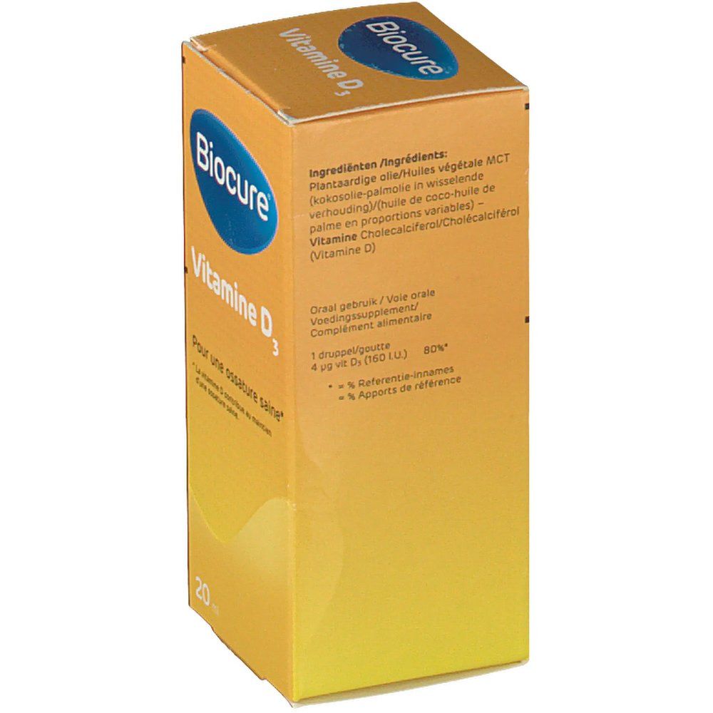Boîte jaune Biocure Vitamine D3. Logo bleu. Liste des ingrédients. Texte: 1 goutte 4 ug Vit D (160 UI).