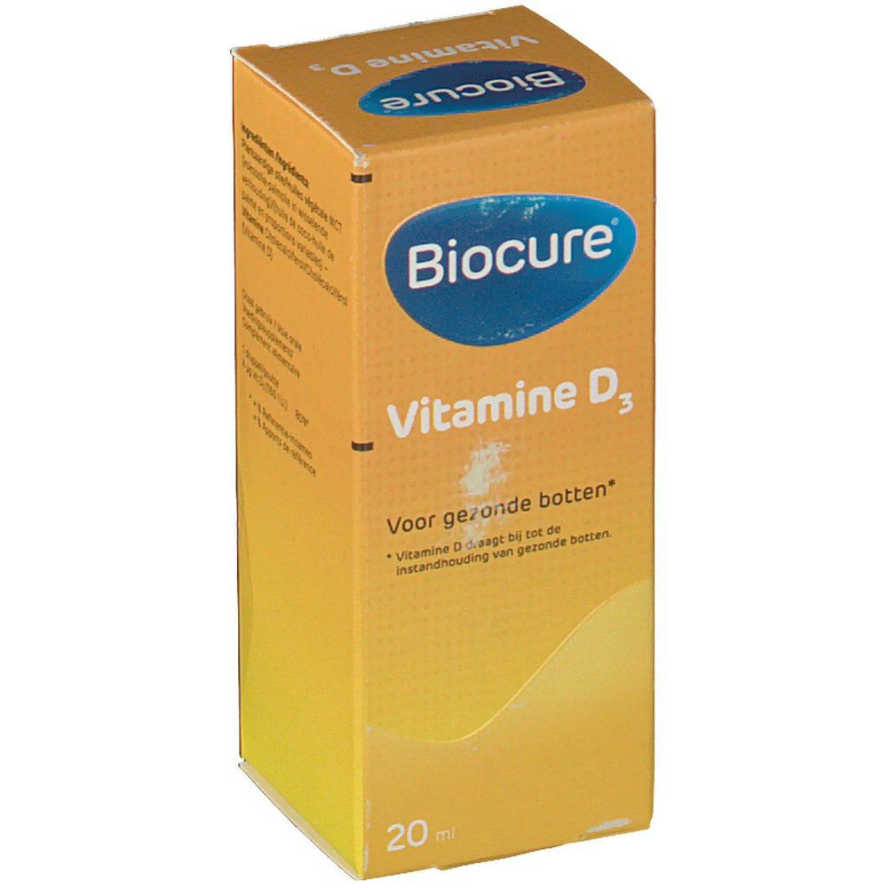 Boîte jaune Biocure Vitamine D3. Logo bleu. Texte: Voor gezonde botten. En bas: 20 ml.