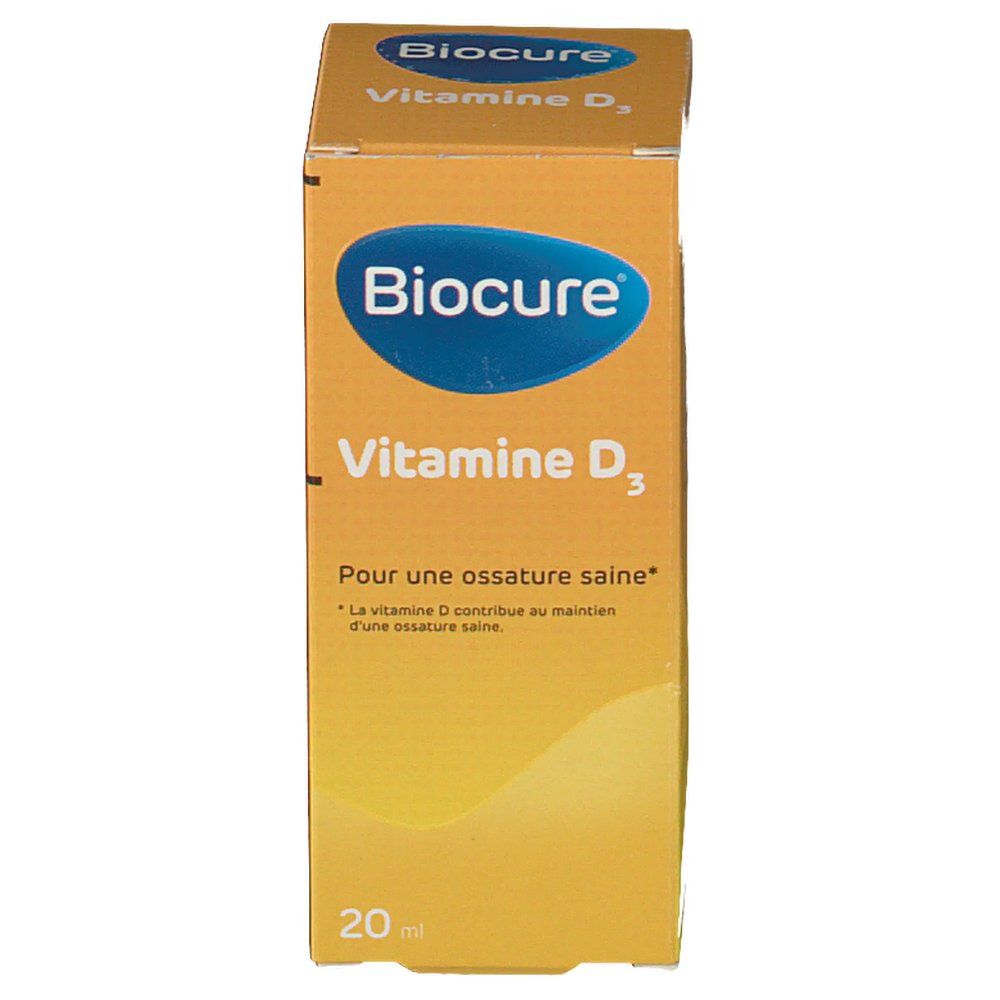 Boîte jaune Biocure Vitamine D3. Logo bleu. Texte: Pour une ossature saine. En bas: 20 ml.