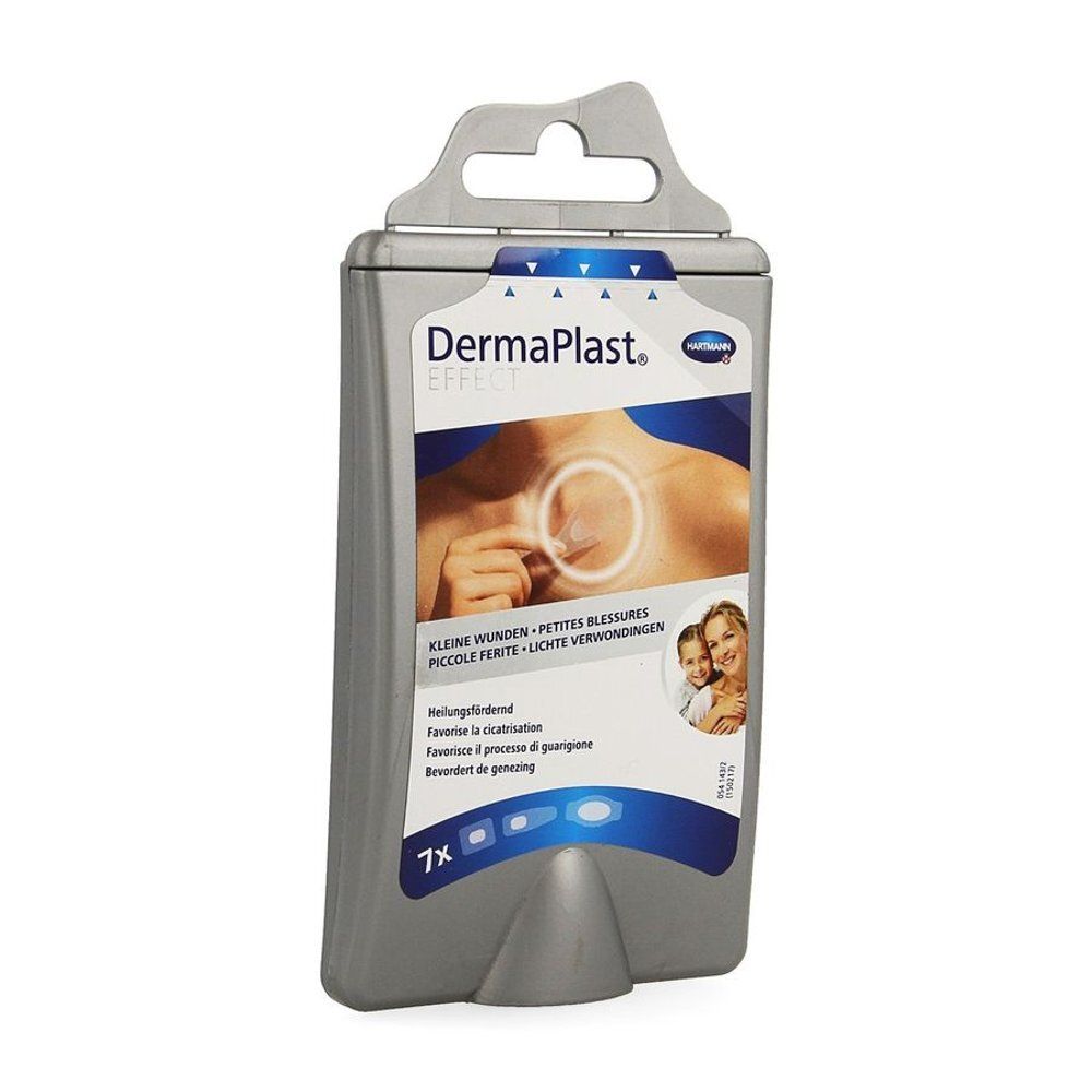 Verpakking van DermaPlast® EFFECT Blasenpflaster. Grijze verpakking met productafbeelding en tekst. Bevat 7 pleisters.