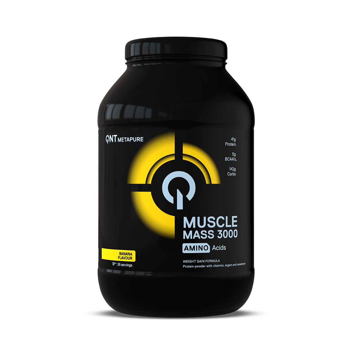 Zwarte pot met gele cirkel. QNT Metapure Muscle Mass 3000. Bananensmaak. Aminozuren. Gewichtstoename formule.