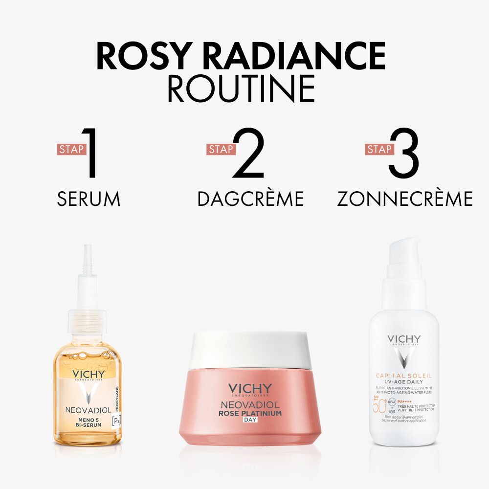 Drie producten: serum, dagcrème, zonnecrème. Opschrift: Vichy, Neovadiol.