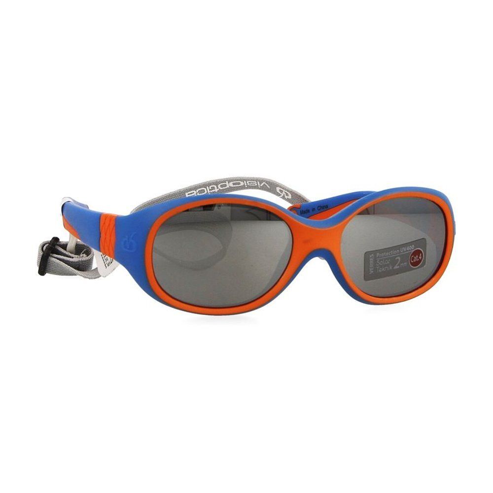 Blauw-oranje zonnebril voor kinderen. Grijze glazen. Bandje. Merk "visioptica" op de pootjes.