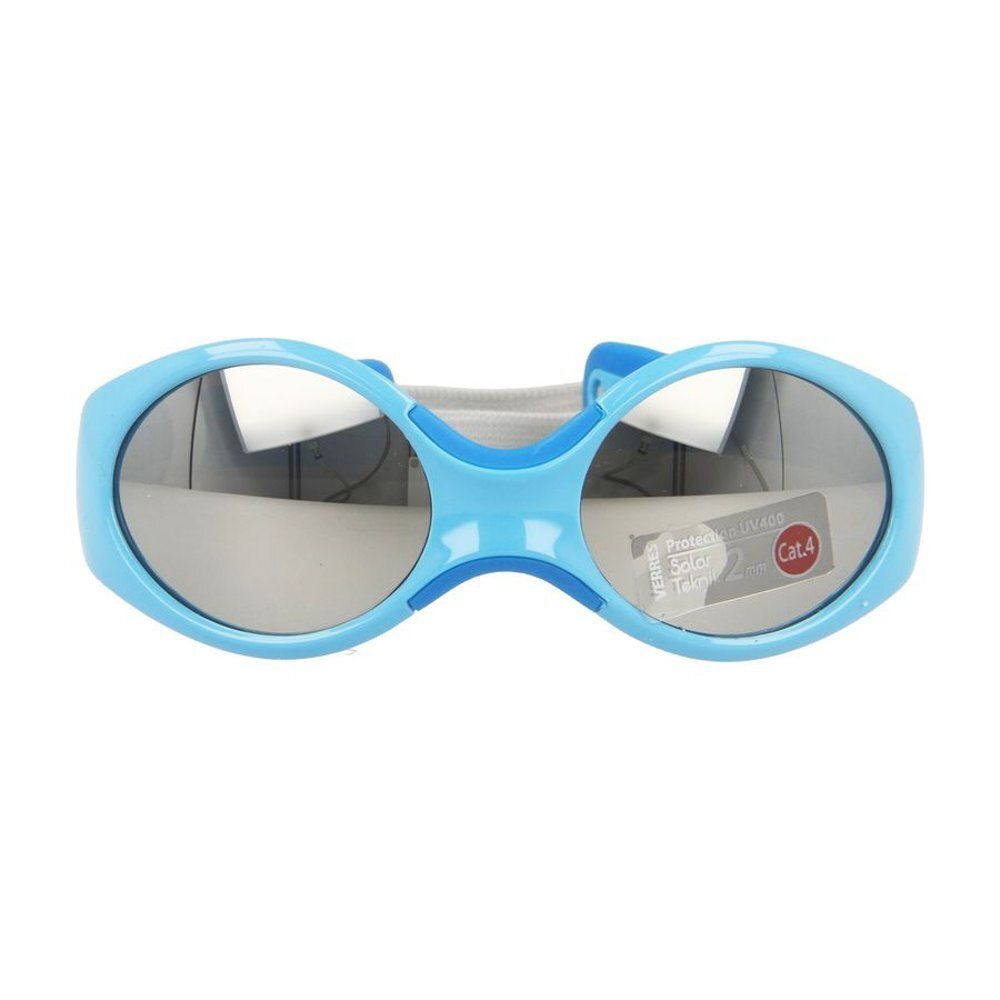 Lunettes de soleil bleues claires pour bébés. Verres ronds, monture bleue, bandeau gris. Autocollant Cat.4.