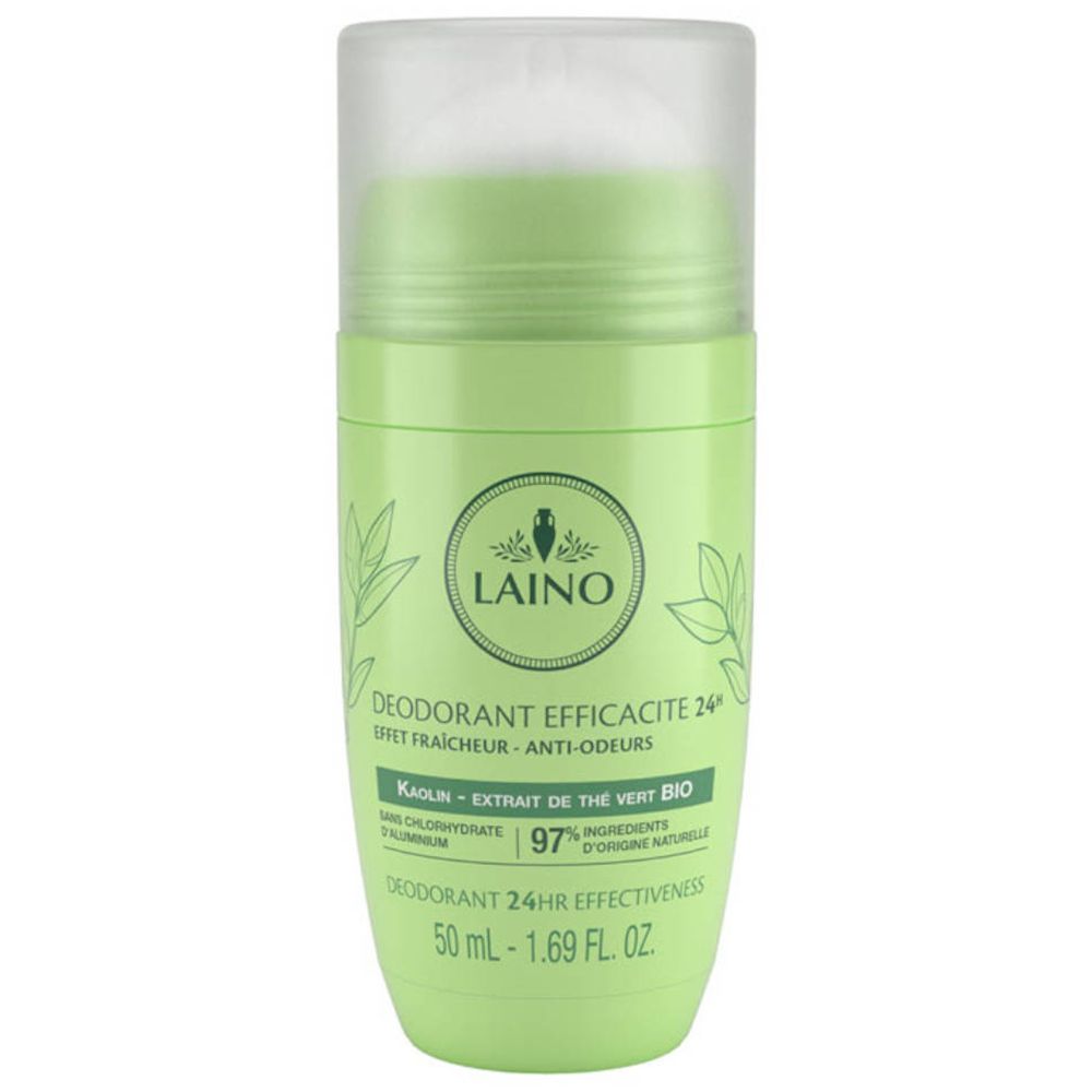Groene deodorant roller met witte dop. Opschrift: Laino, Doeltreffendheid 24u, Groene thee bio. 50 ml.