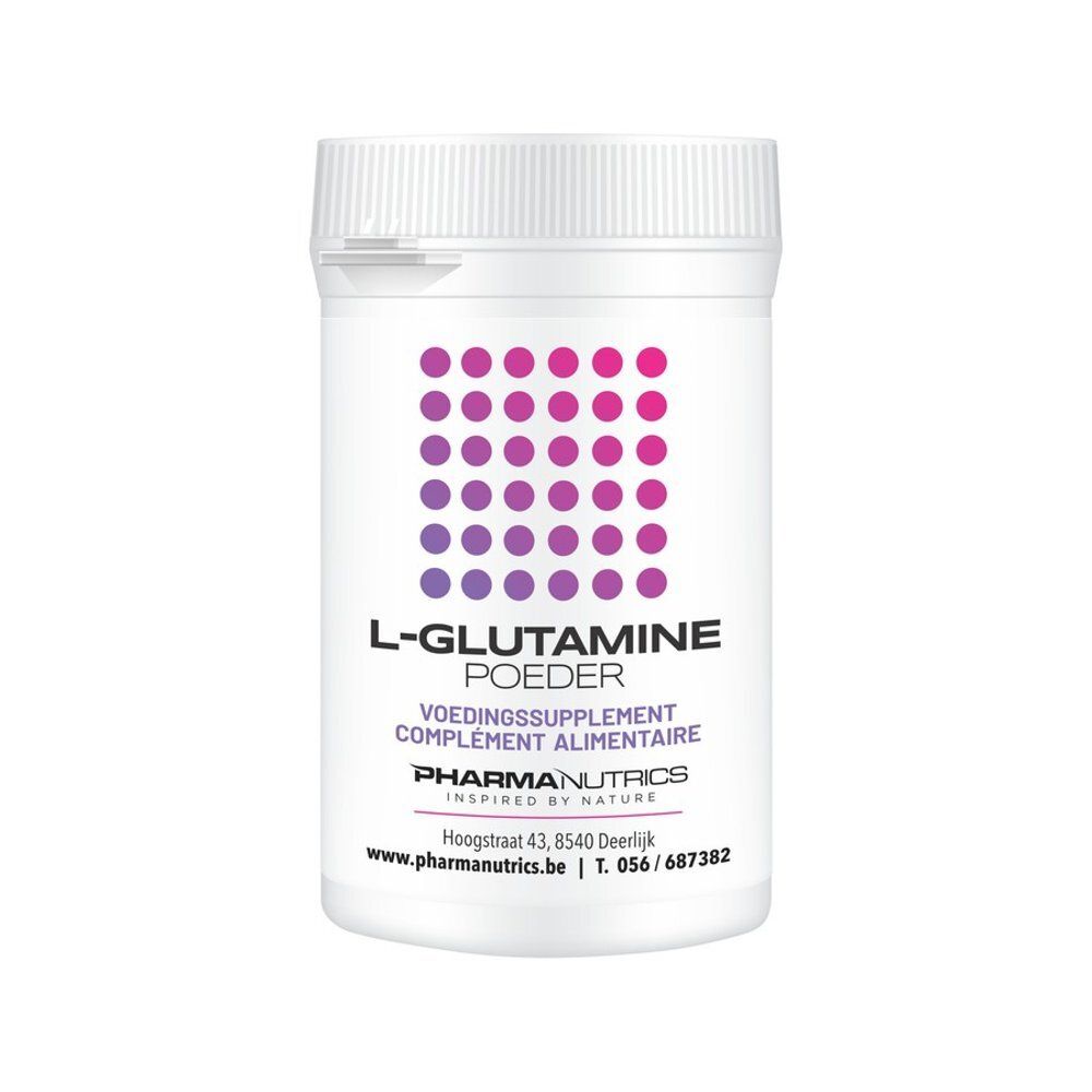 PharmaNutrics L-Glutamine poeder pot met roze-paarse stippen en productinformatie.