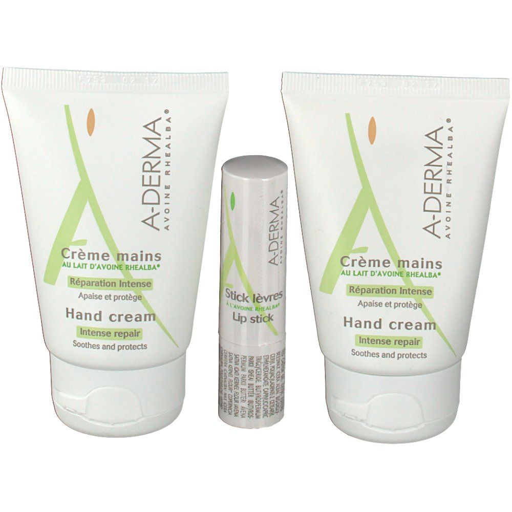 Deux tubes de crème pour les mains et un stick à lèvres. Inscription: A-DERMA, Crème mains, Stick lèvres.