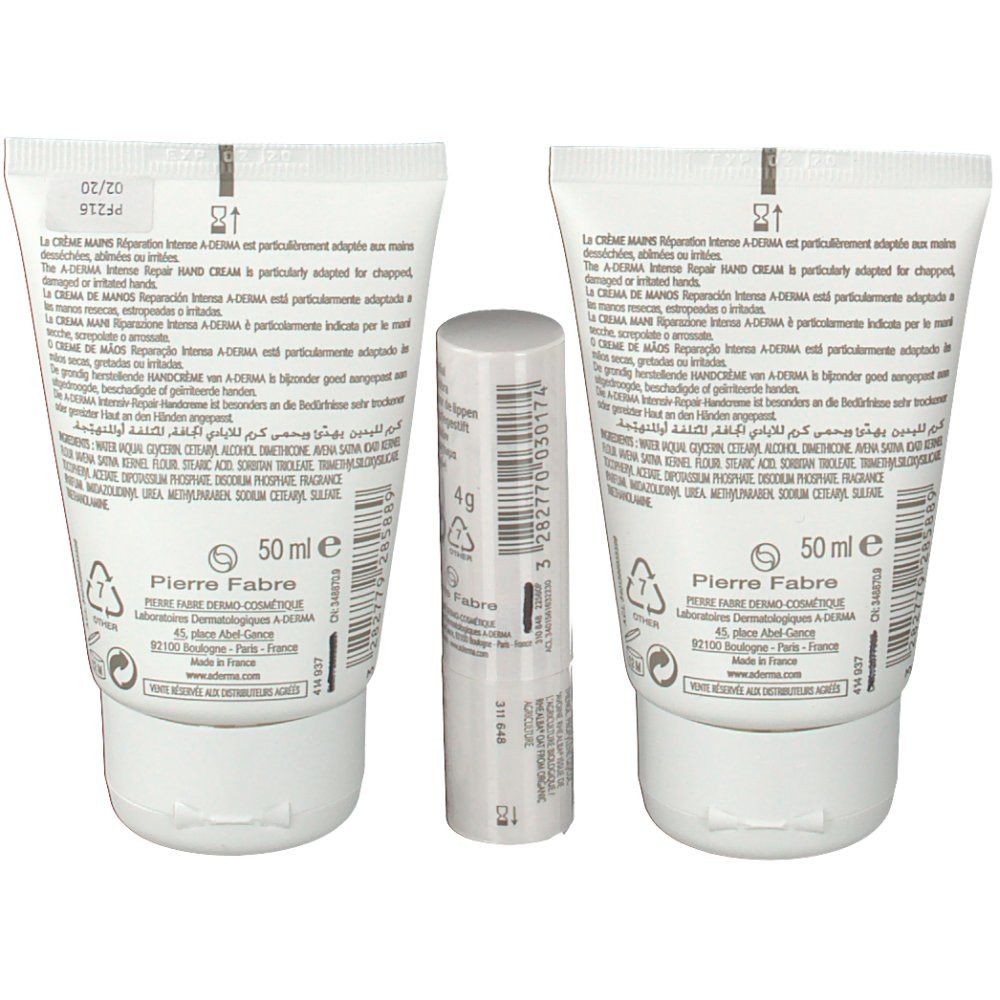 Dos de deux tubes de crème pour les mains et un stick à lèvres. Impressions avec texte et logos.