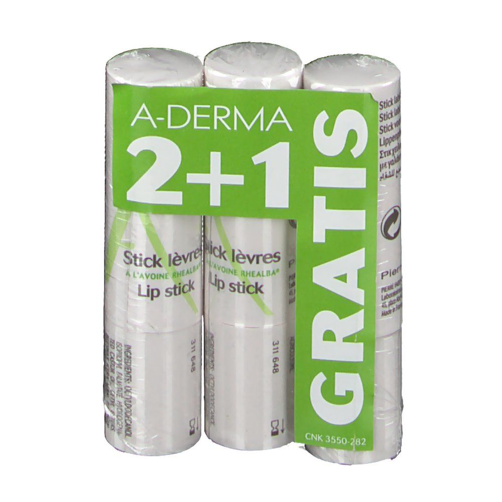 Trois sticks à lèvres emballés. Emballage vert et blanc avec l'inscription « 2+1 GRATIS » et le logo A-DERMA.