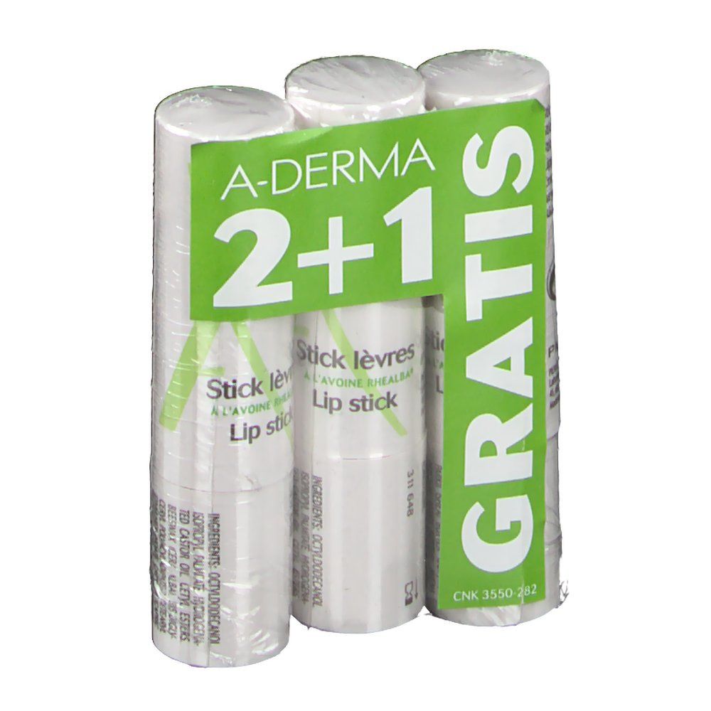 Trois sticks à lèvres emballés. Emballage vert et blanc avec l'inscription « 2+1 GRATIS » et le logo A-DERMA.