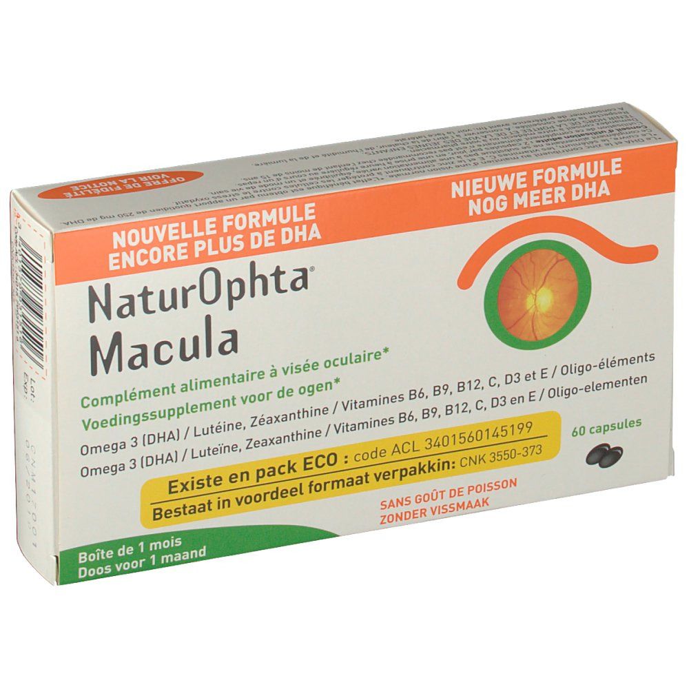 Boîte de compléments alimentaires. Nom du produit et ingrédients visibles. Contient 60 capsules. Logo orange avec œil.