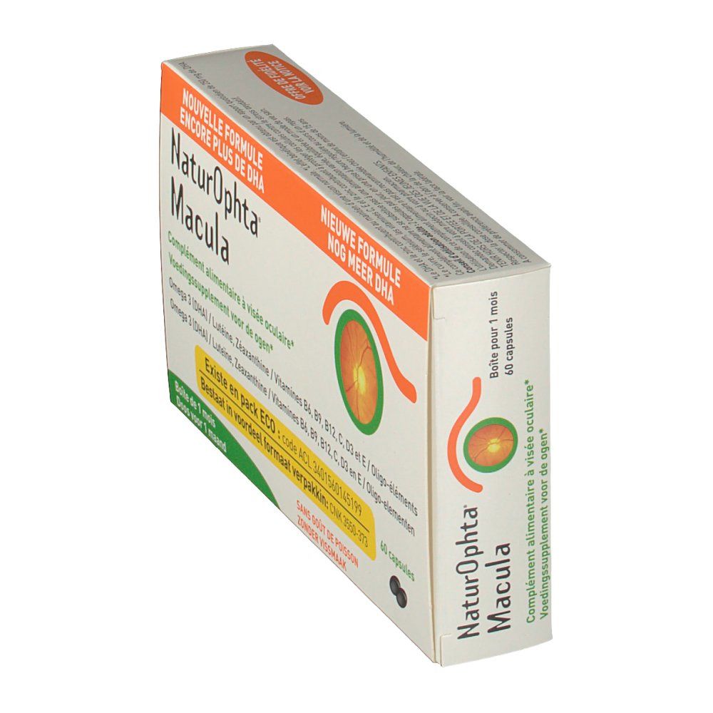 Boîte inclinée. Nom du produit et logo visibles. Design orange avec représentation d'un œil.