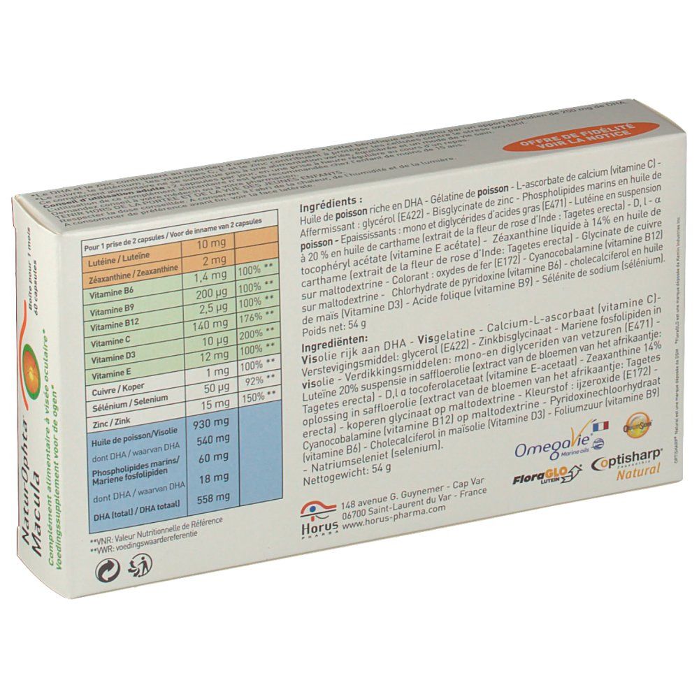 Dos de la boîte. Liste des ingrédients et informations nutritionnelles. Logo et texte multilingue.