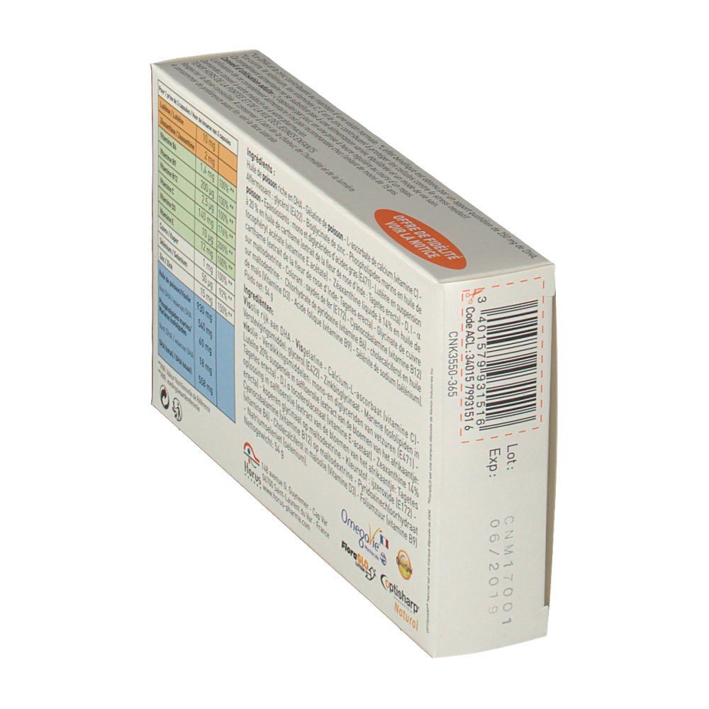 Boîte inclinée. Texte et logos sur le côté. Code et date de péremption.