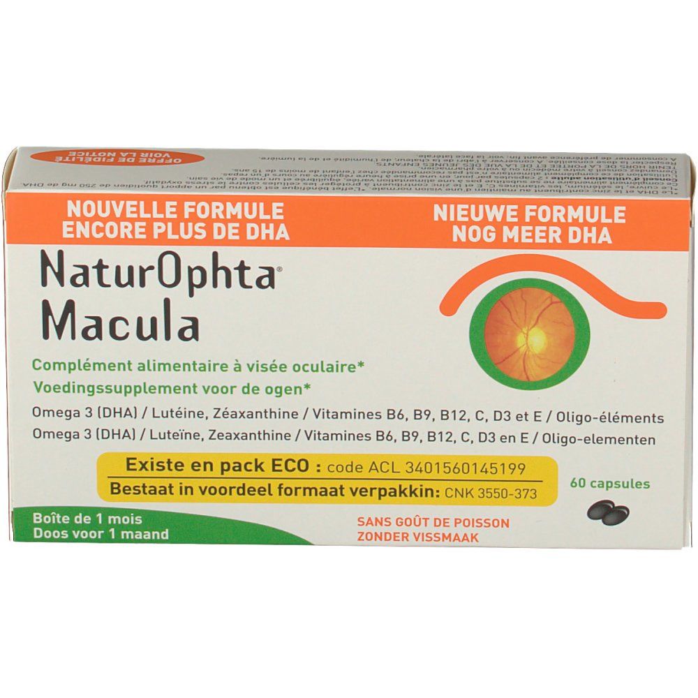 Boîte de compléments alimentaires. Nom du produit et ingrédients visibles. Contient 60 capsules. Logo orange avec œil.
