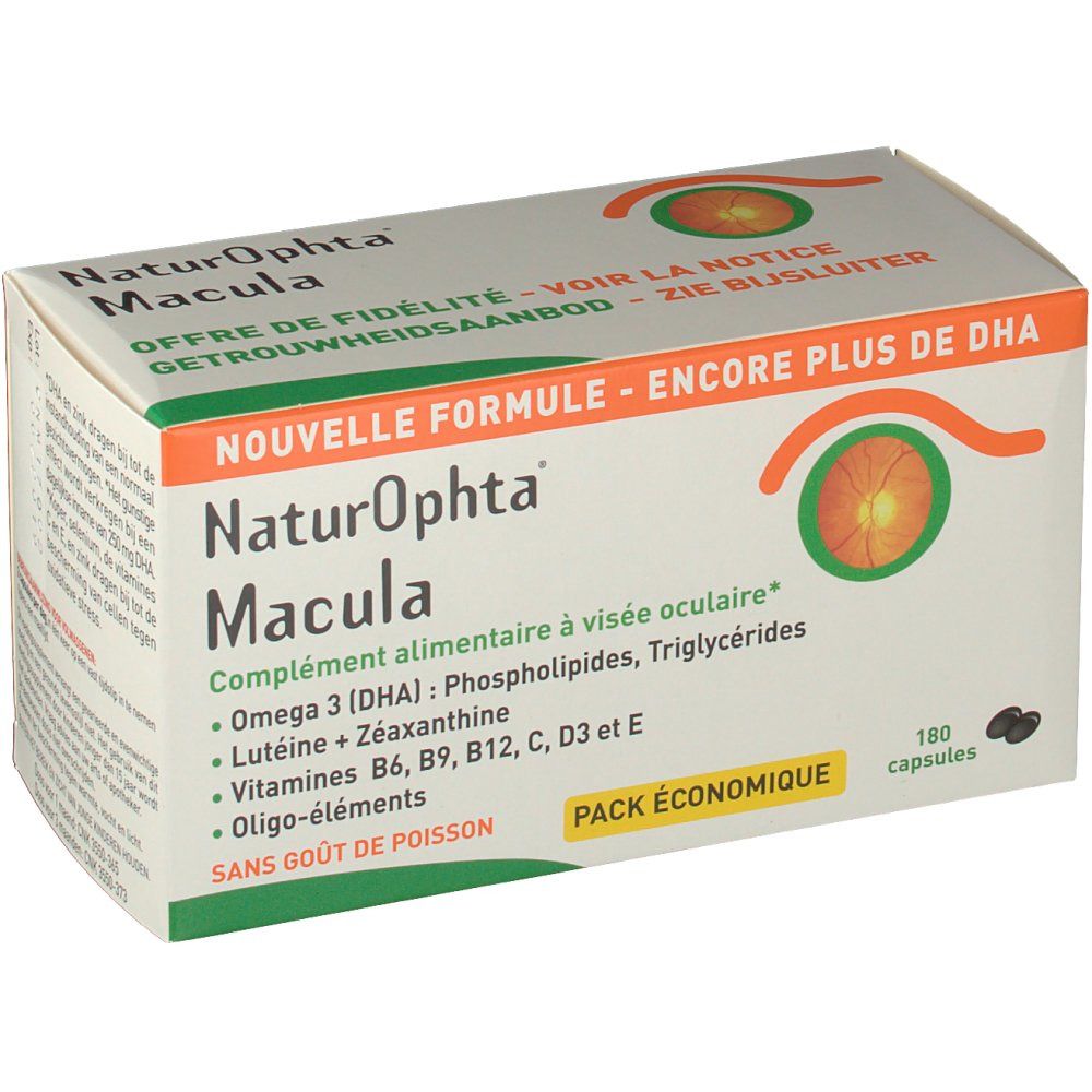 Boîte de comprimés avec nom et ingrédients. Contient 180 capsules. Inscription : "Naturophta Macula".