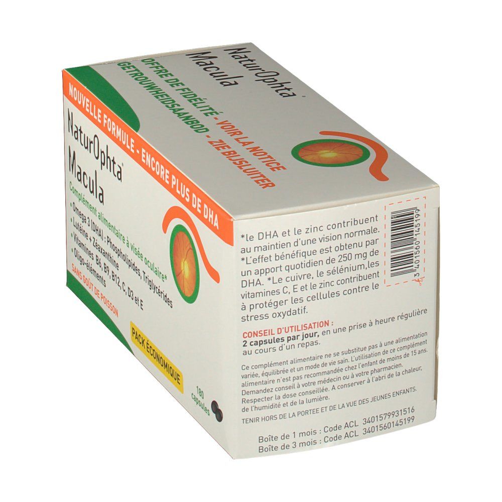 Vue en biais de l'emballage avec informations produit. Contient 180 capsules. Inscription : "Naturophta Macula".