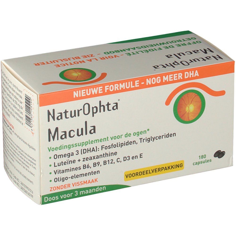 Boîte de comprimés avec nom et ingrédients. Contient 180 capsules. Inscription : "Naturophta Macula".