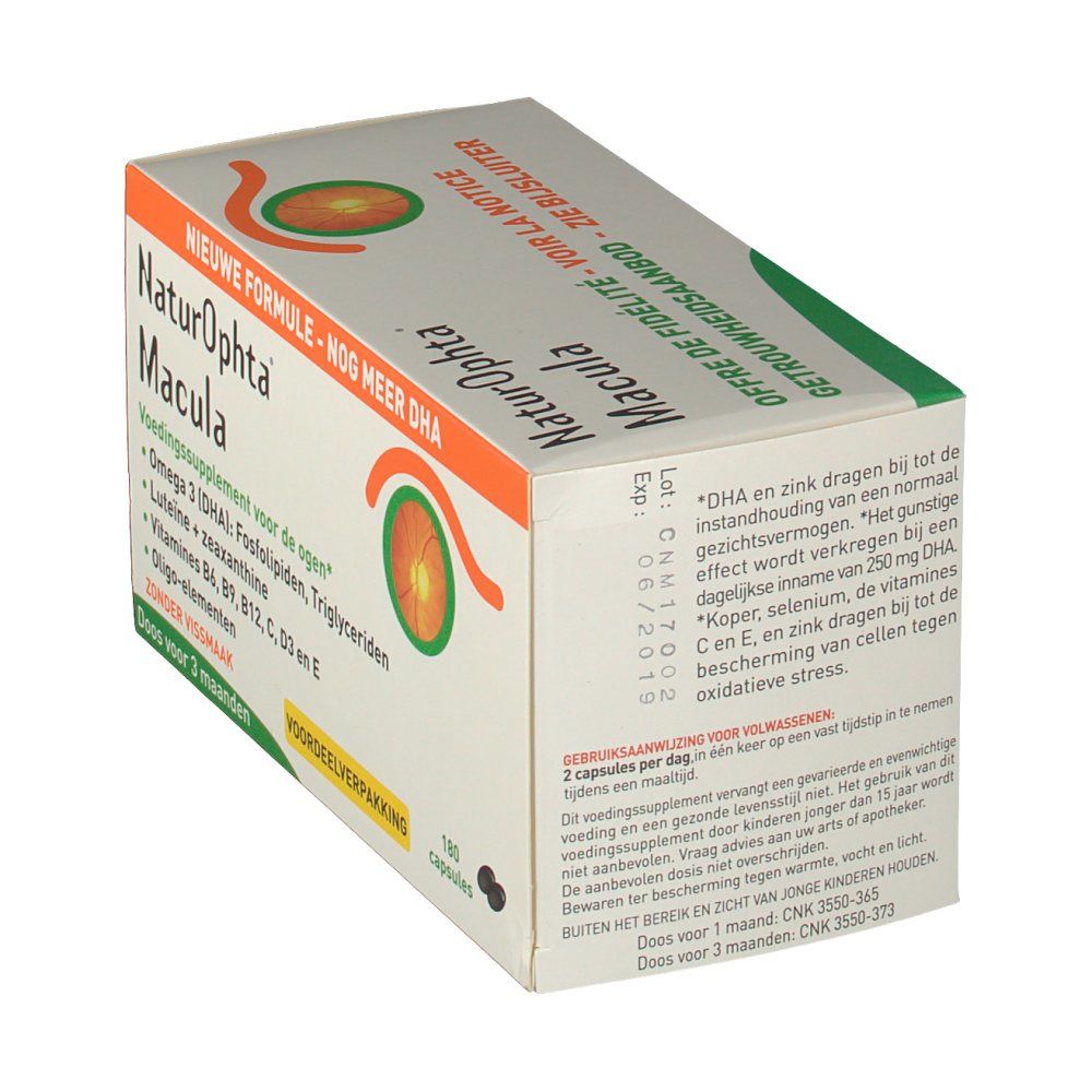 Vue en biais de l'emballage avec informations produit. Contient 180 capsules. Inscription : "Naturophta Macula".
