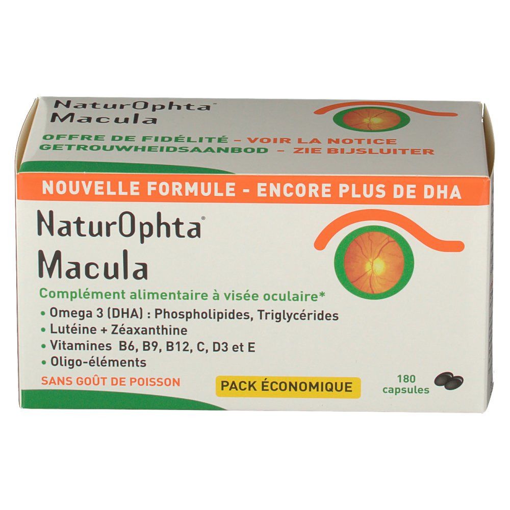 Boîte de comprimés avec nom et ingrédients. Contient 180 capsules. Inscription : "Naturophta Macula".