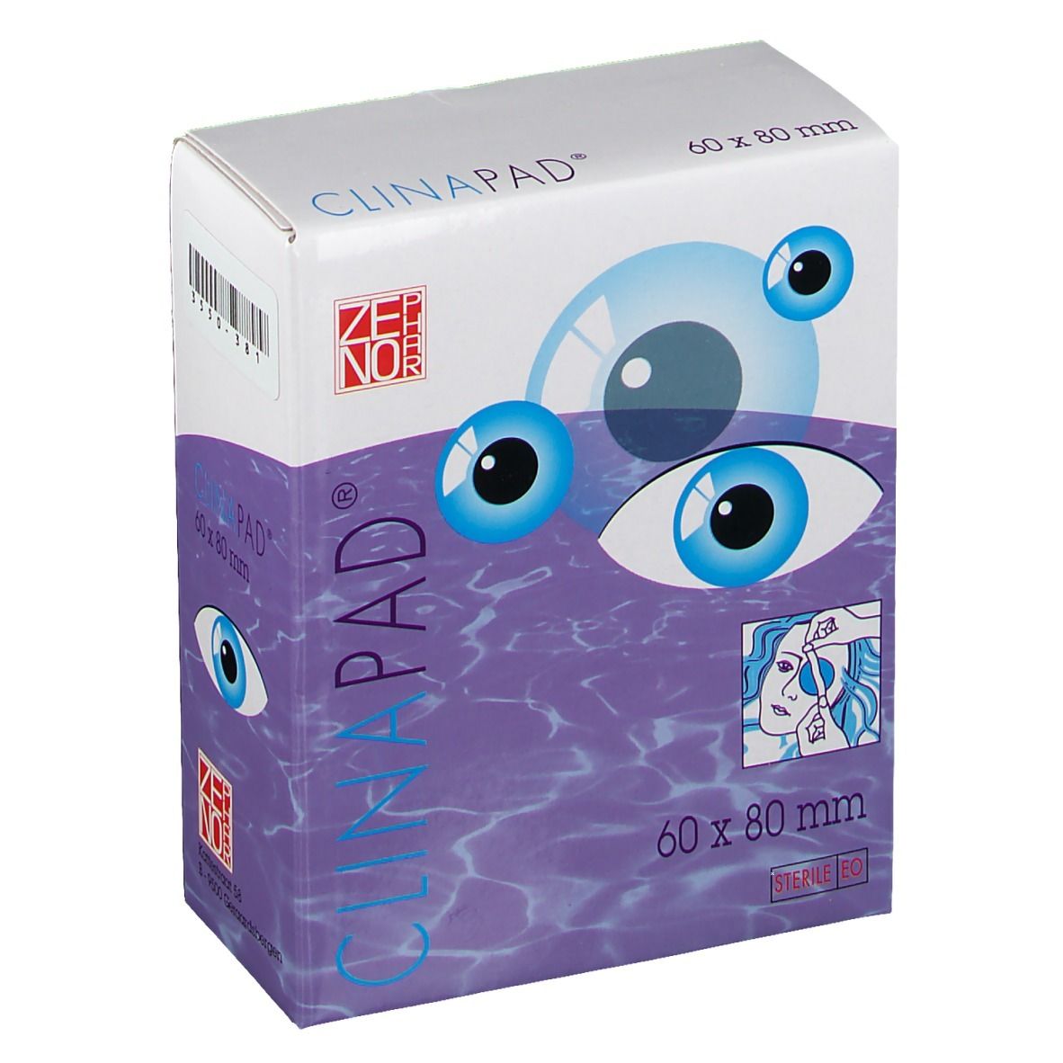 Verpakking van Clinapad Apósito Ocular 60 x 80 mm. Opschriften: Clinapad, oogafbeeldingen, 60 x 80 mm.