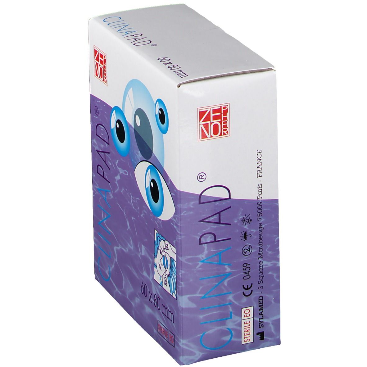 Schuin geplaatste verpakking van Clinapad Apósito Ocular. Opschriften: Clinapad, oogafbeeldingen, 60 x 80 mm.