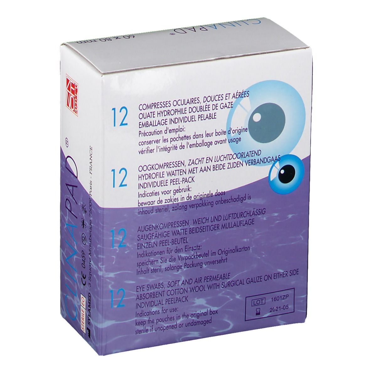 Verpakking van Clinapad Apósito Ocular. Opschriften: 12 stuks, oogcompressen, individuele verpakking, 60 x 80 mm.