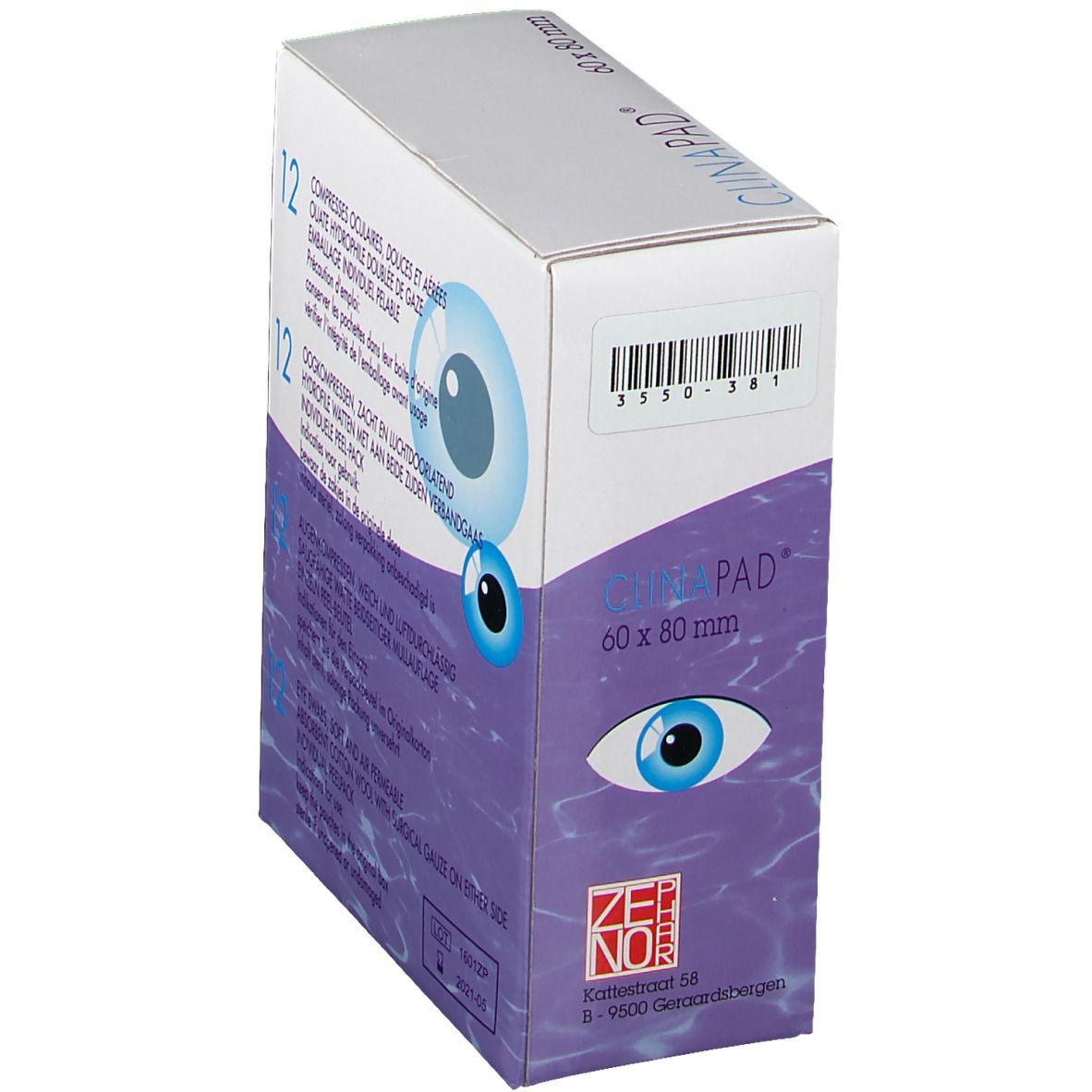 Schuin geplaatste verpakking van Clinapad Apósito Ocular. Opschriften: Clinapad, 60 x 80 mm, oogafbeelding.