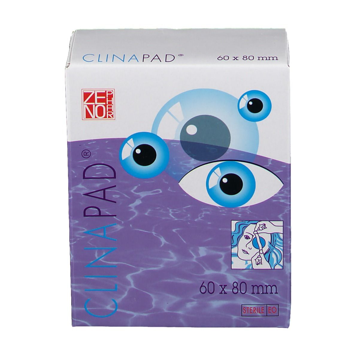 Verpakking van Clinapad Apósito Ocular. Opschriften: Clinapad, oogafbeeldingen, 60 x 80 mm, illustratie.