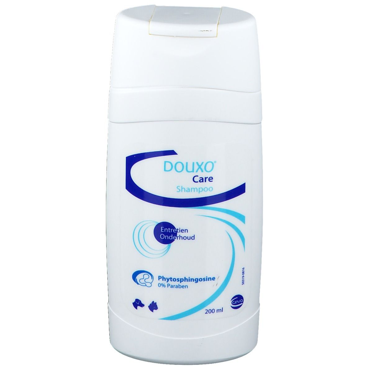 Witte shampoo fles met blauw logo en tekst Douxo Care Shampoo. Bevat 200 ml.