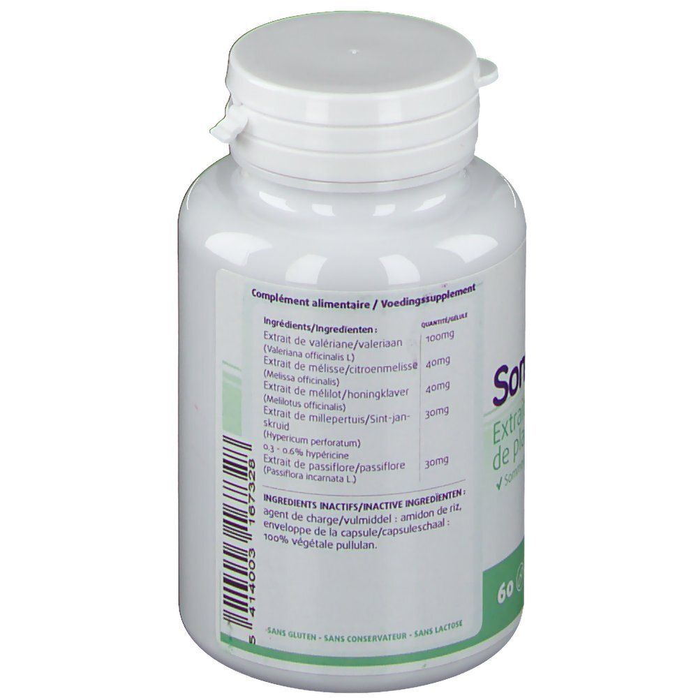 Flacon blanc avec liste des ingrédients. Contient des extraits de plantes comme la valériane, la mélisse et la passiflore. 60 gélules.