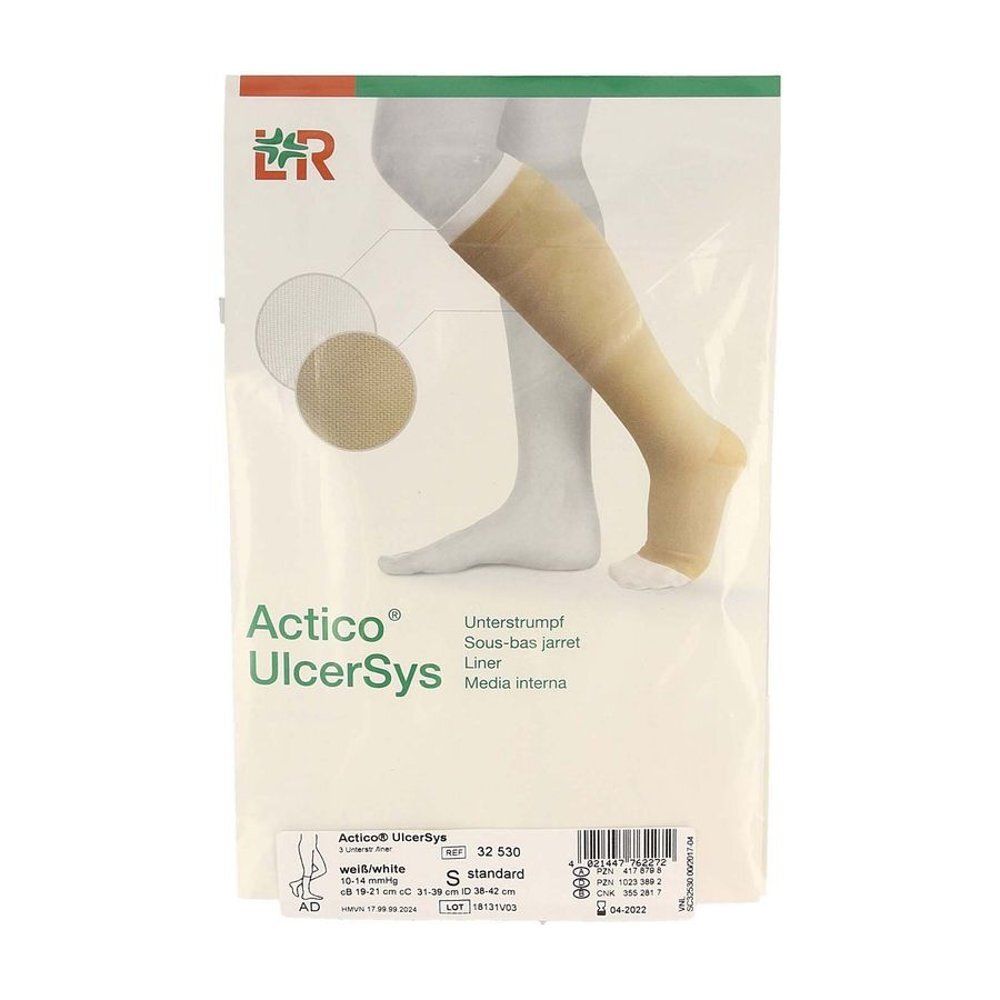 Emballage Actico® UlcerSys Liner. Bas illustré. Texte: Sous-bas, Liner, Media interna. Taille S.