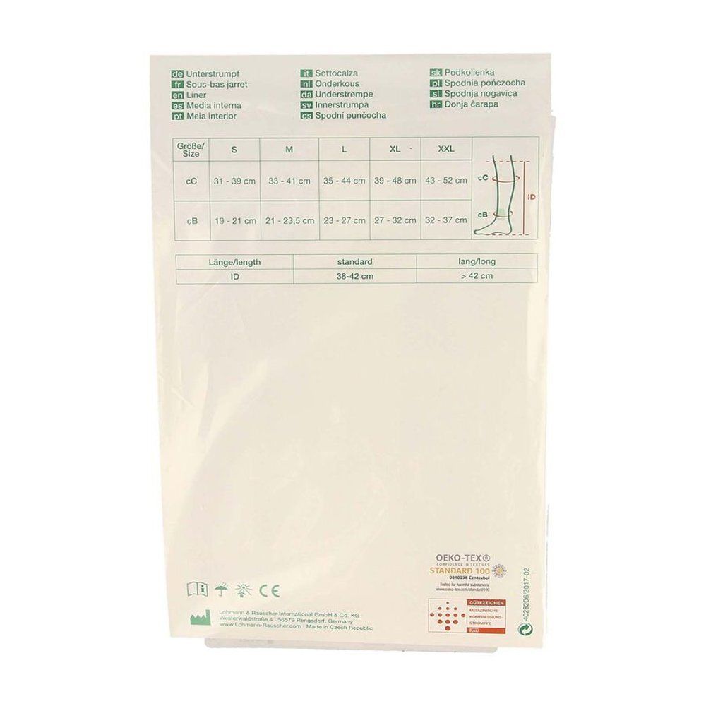 Achterkant verpakking. Maattabel S t/m XXL. Oeko-Tex Standard 100 certificering.