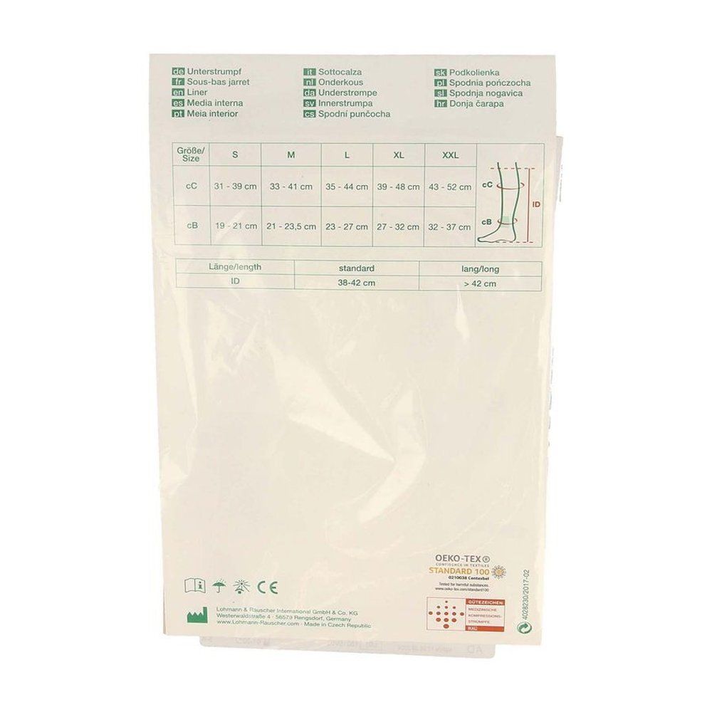 Achterkant van de verpakking Actico® UlcerSys Liner. Maattabel: S, M, L, XL, XXL. Tekst: Unterstrumpf, Sous-bas jarret, Liner, Media interna. Oeko-Tex Standard 100.