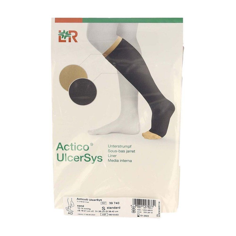 Emballage Actico® UlcerSys Liner Gr. S nude. Illustration d'une jambe avec chaussette. Cercles de couleur: beige, noir. Texte: Unterstrumpf, Sous-bas jarret, Liner, Media interna.