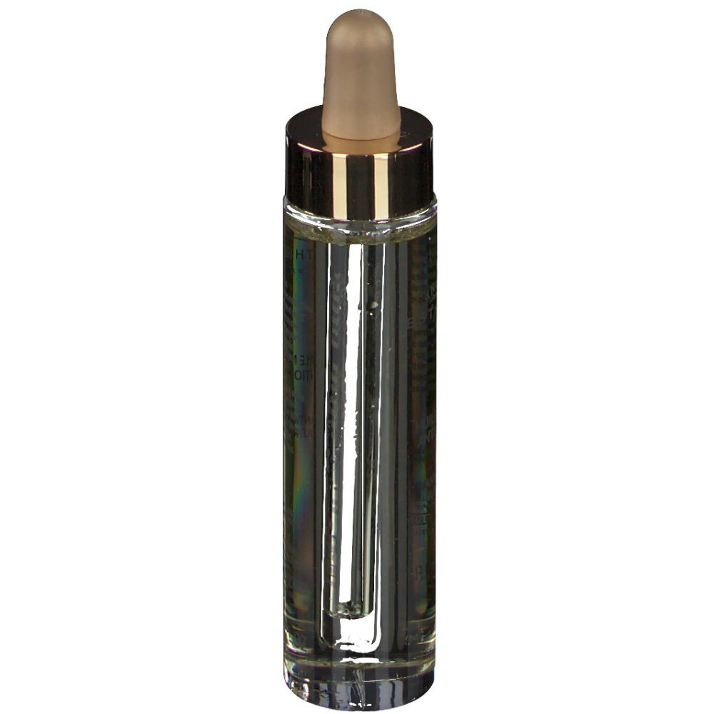 Flacon en verre transparent avec bouchon et pipette dorés. Étiquette du produit avec texte.